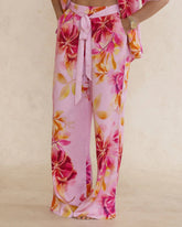 Pink floral bamboo pants with pockets, elasticated waistband and tie. Silky soft, elegant, breathable luxury sleepwear for women designed in Australia.