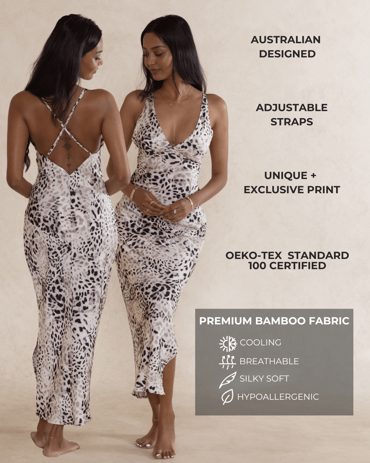 Front and back view of slip dress in leopard print. With text outlining features - Premium bamboo fabric - cooling, breathable, silky soft & hypoallergenic. Australian designed, adjustable straps, unique print & oeko-tex standard 100 certified.