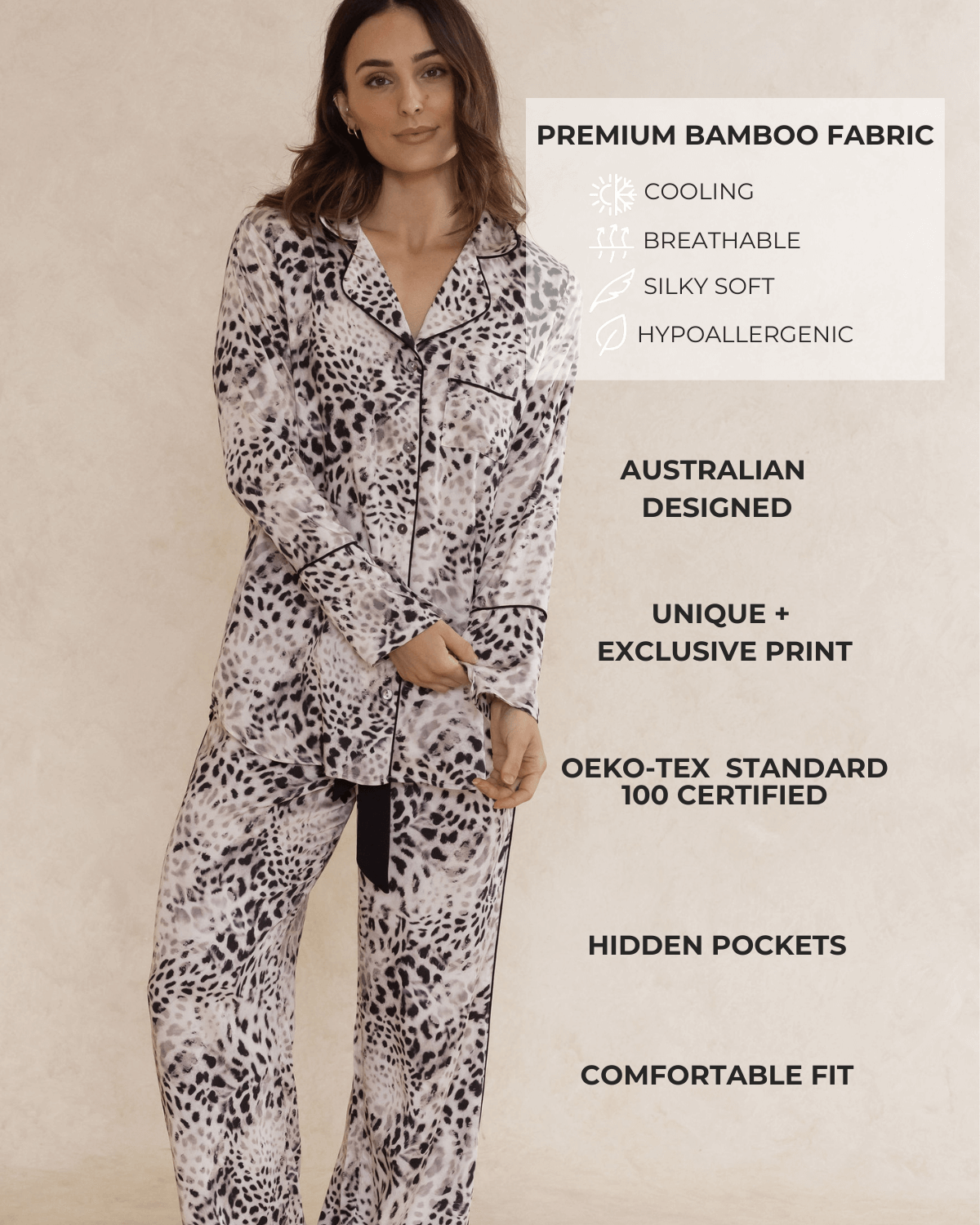 Woman wearing a leopard print long pyjama set with text highlighting features. Premium bamboo fabric that is cooling cooling, silky soft and hypoallergenic. Australian designed, unique print, hidden pockets, comfortable fit.
