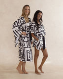 Matching bamboo short pyjama set and kimono style robe in black and cream geometric print – luxury breathable sleepwear for women designed in Australia. Sold as a sleepwear bundle.