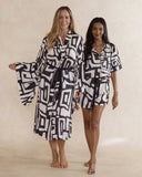 Matching bamboo short pyjama set and kimono style robe in black and cream geometric print – luxury breathable sleepwear for women designed in Australia. Sold as a sleepwear bundle.