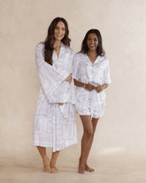 Matching bamboo short pyjama set and kimono style robe in grey and white geometric print – luxury breathable sleepwear for women designed in Australia. Sold as a sleepwear bundle.