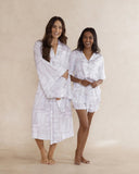 Matching bamboo short pyjama set and kimono style robe in grey and white geometric print – luxury breathable sleepwear for women designed in Australia. Sold as a sleepwear bundle.