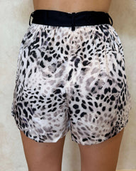 Leopard print pyjama shorts with elasticated waist and waist tie.