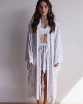 White and grey kimono style robe with wide sleeves. Made from 100% bamboo satin.