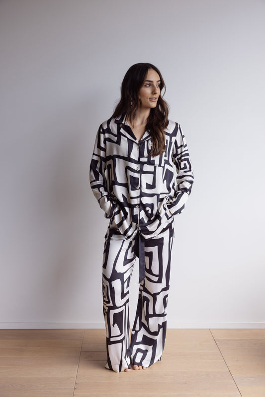 Bamboo Pyjama Long Set - Geometric Cream/Black