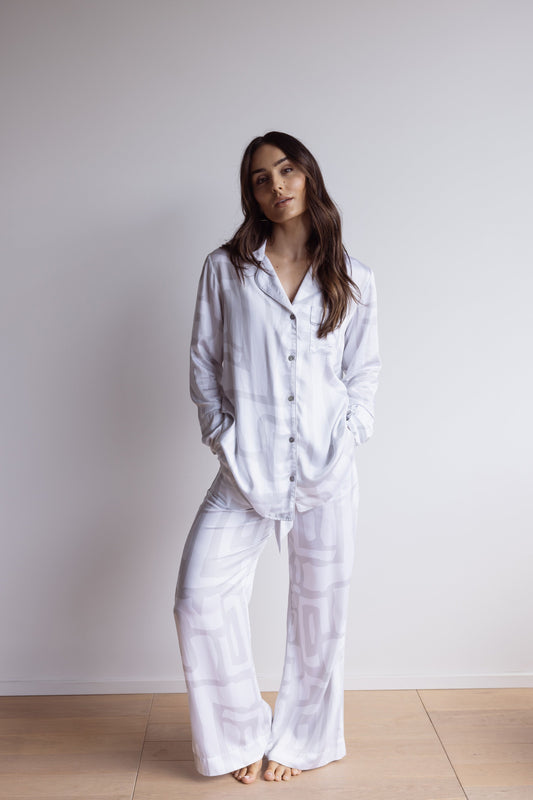 Bamboo Pyjama Long Set - Geometric White/Grey