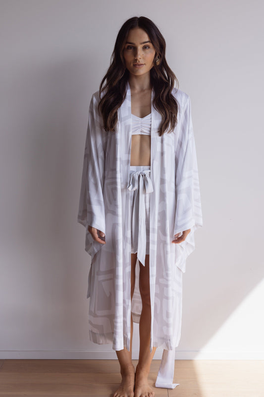 Bamboo Kimono Robe – Geometric White/Grey