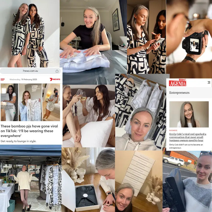 Collage of images showing the founder of Dawn & Dusk Co. on her journey of building her pyjama brand