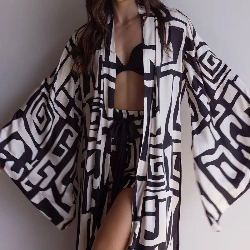 Kimono style robe in black and cream, silky soft bamboo satin.