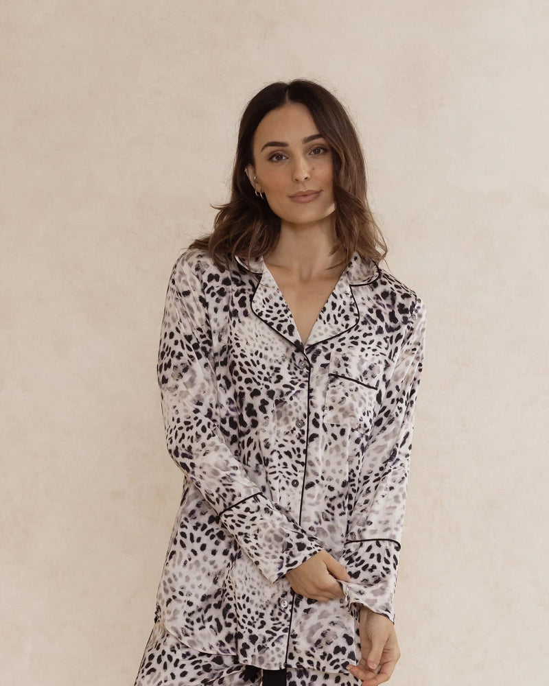 Long sleeve animal print pyjama top. With shell buttons and elegant piping. Made from 100% bamboo satin. Silky soft, breathable and comfortable. Australian designed.