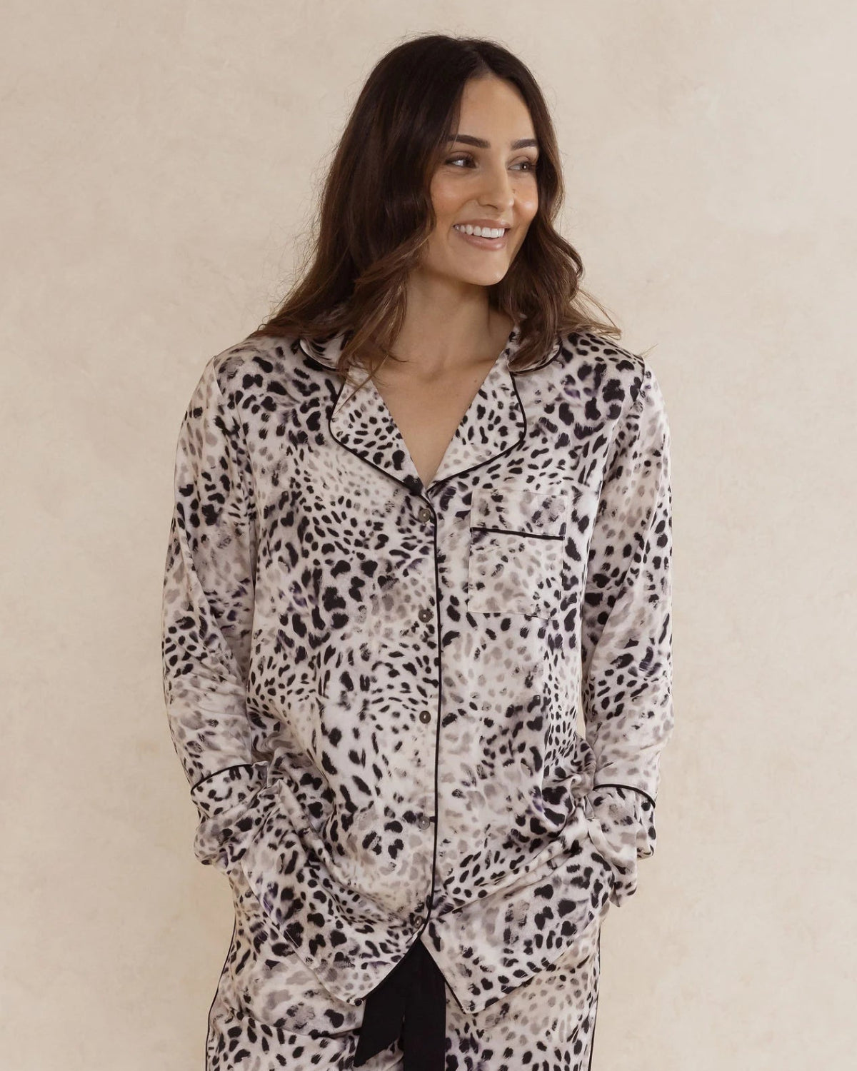 Long sleeve animal print bamboo pyjama top for women – breathable, soft sleepwear designed in Australia.