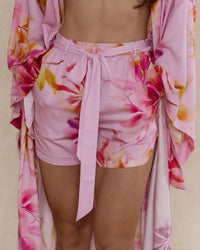 Pink floral bamboo pyjama shorts with pockets, elastic waistband, and tie – soft, breathable women’s sleepwear designed in Australia.