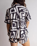 The back of a bold design short pyjama set bamboo satin fabric.