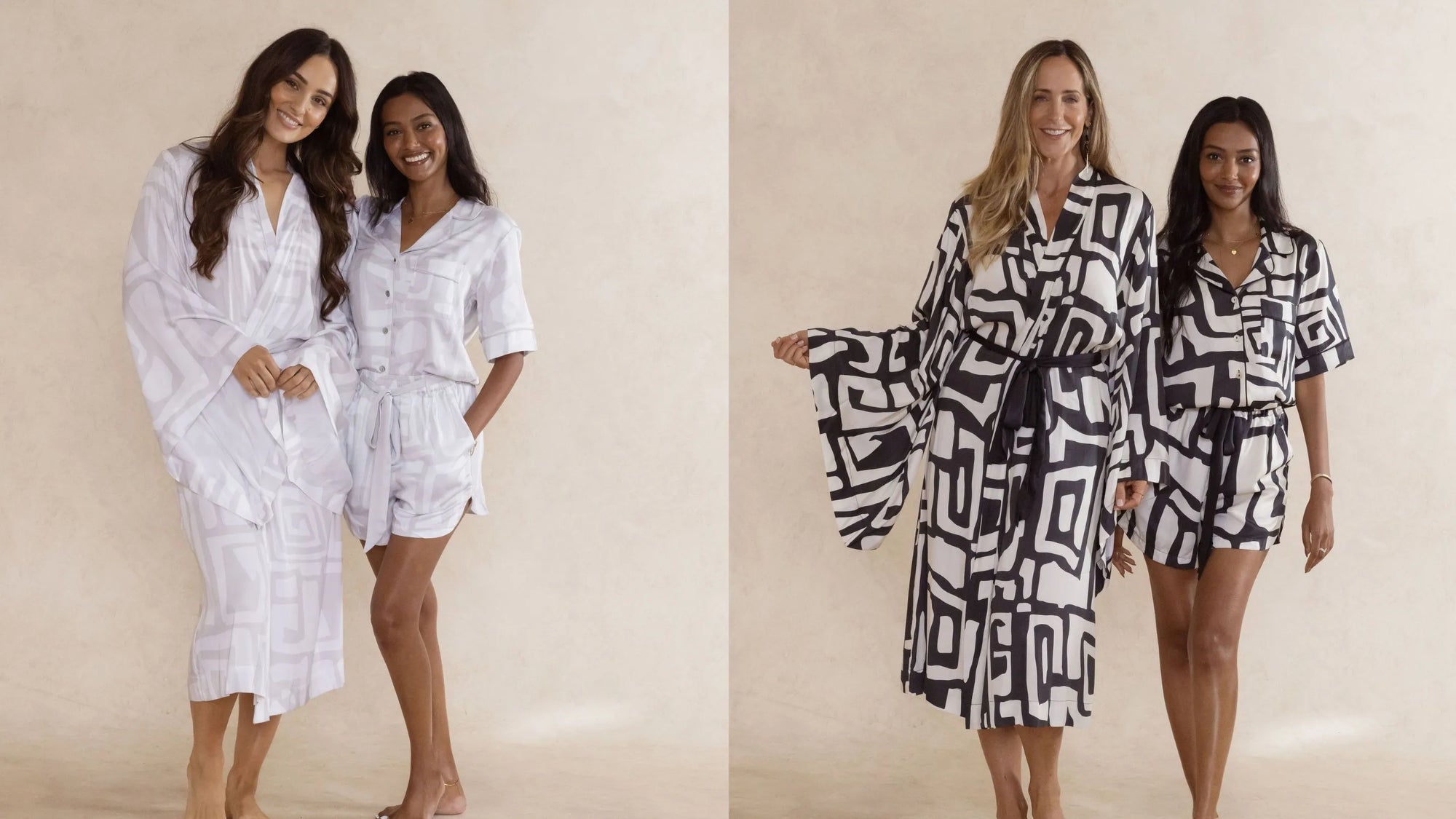 Two images, both with two women wearing matching sleepwear. A elegant kimono style robe and a short set of pyjamas. Bamboo satin, silky soft, breathable in a geometric print.