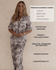 Woman wearing a leopard print pant pyjama set with text highlighting features.  Premium bamboo fabric that is cooling cooling, silky soft and hypoallergenic. Australian designed, unique print, hidden pockets, comfortable fit.